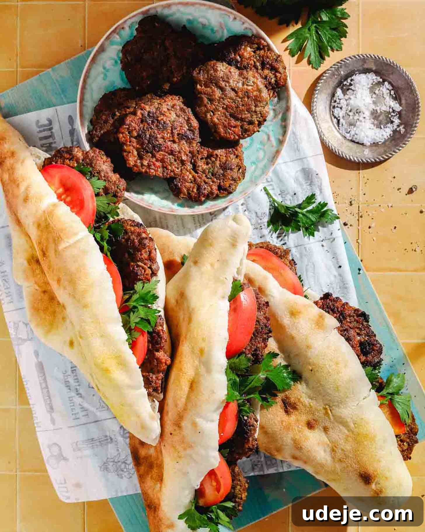 Juicy Ground Beef Sheet Pan Kebabs: Quick Oven Dinner 3 Three sandwiches filled with grilled meat patties, tomato slices, and parsley on flatbread sit on a board next to a plate of extra meat patties and a small bowl of coarse salt.