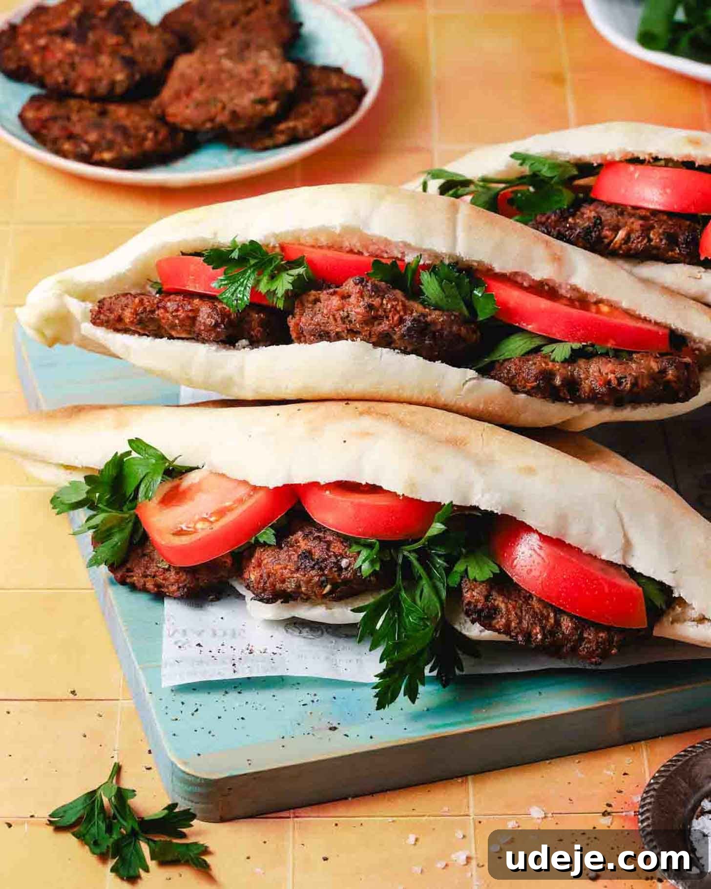Juicy Ground Beef Sheet Pan Kebabs: Quick Oven Dinner 10 Two pita sandwiches filled with falafel patties, fresh tomato slices, and parsley are placed on a wooden board. More falafel and greens are visible in the background.