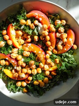 Roasted Sweet Potato & Chickpea Salad with Vegan Honey-Mustard Dressing 12 Bowl of kale salad with peaches, crispy chickpeas, vegan feta, and honey tahini dressing