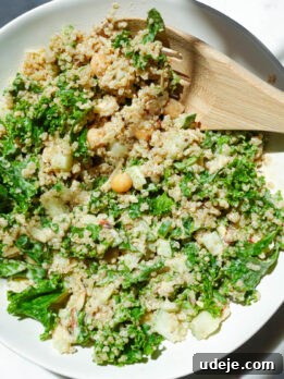 Roasted Sweet Potato & Chickpea Salad with Vegan Honey-Mustard Dressing 13 Chickpea quinoa salad with lemon tahini dressing in a white bowl