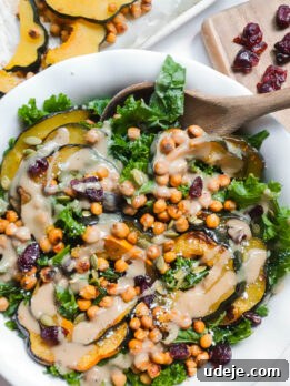 Roasted Sweet Potato & Chickpea Salad with Vegan Honey-Mustard Dressing 14 Acorn squash kale salad with maple tahini dressing