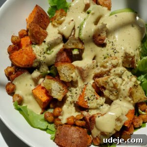 Roasted Sweet Potato & Chickpea Salad with Vegan Honey-Mustard Dressing 15 Sweet potato chickpea salad tossed in a creamy vegan honey mustard dressing.