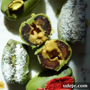 Inside of pistachio matcha stuffed date showing the creamy center.