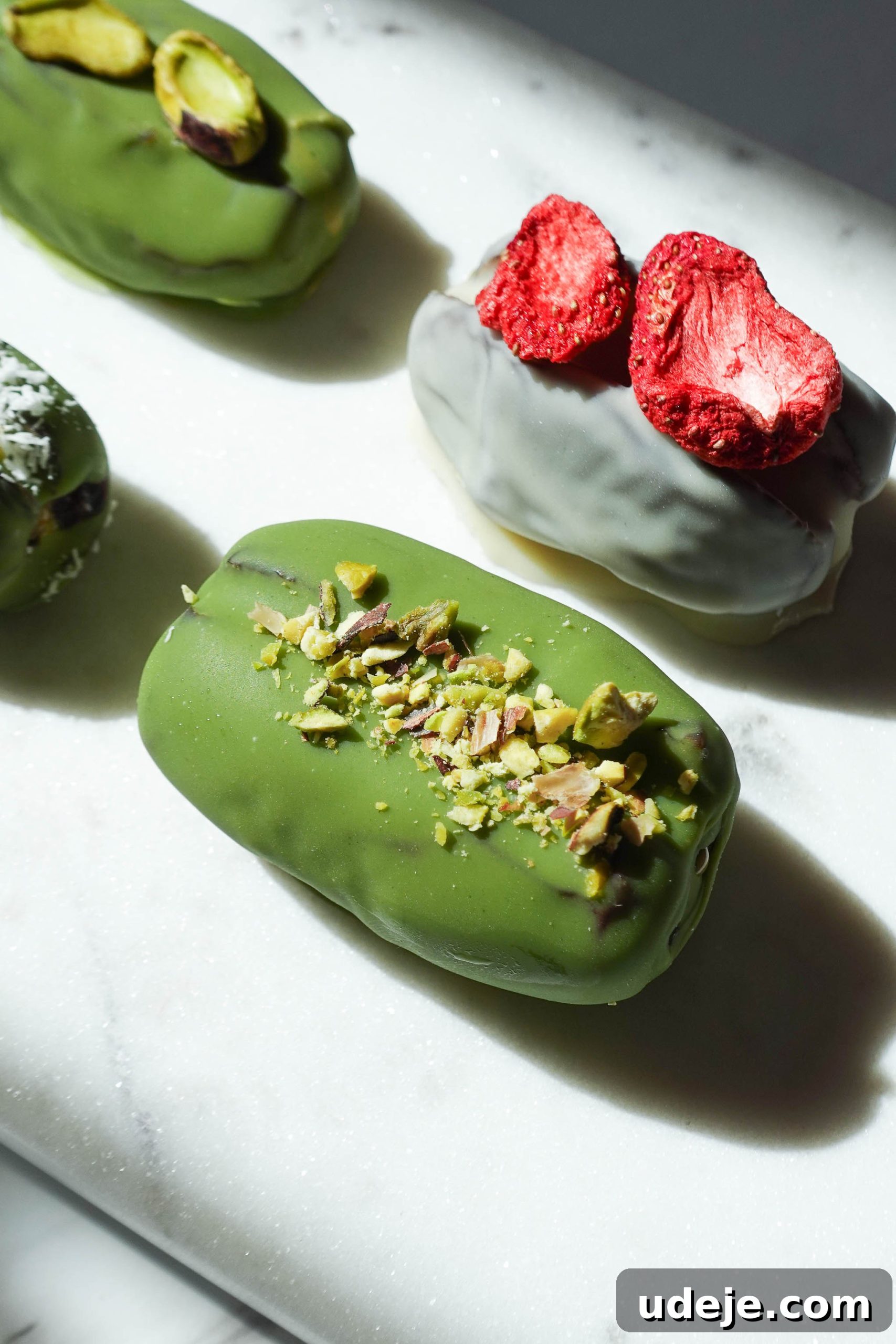Pistachio and Matcha Stuffed Medjool Dates 8 Pistachio matcha stuffed date topped with chopped pistachios.
