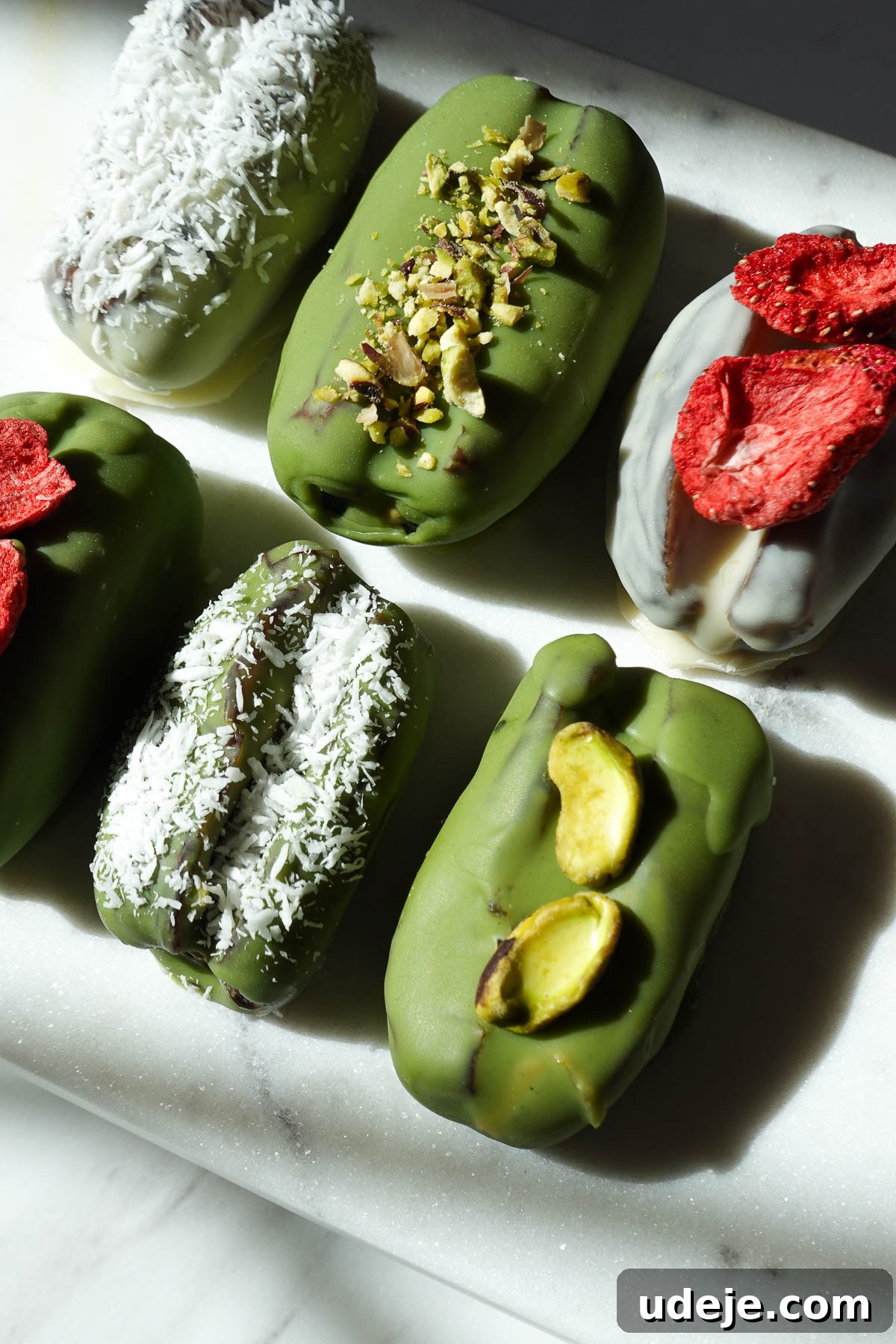 Pistachio and Matcha Stuffed Medjool Dates 9 Pistachio matcha stuffed dates topped with chopped pistachios, shredded coconut, and freeze dried strawberries.