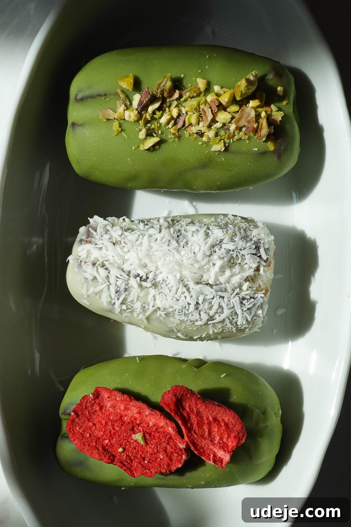 Pistachio and Matcha Stuffed Medjool Dates 10 Pistachio matcha stuffed dates with assorted toppings including crushed pistachios, shredded coconut, and freeze dried strawberries.