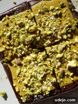 Small batch no bake pistachio brownies sliced into squares
