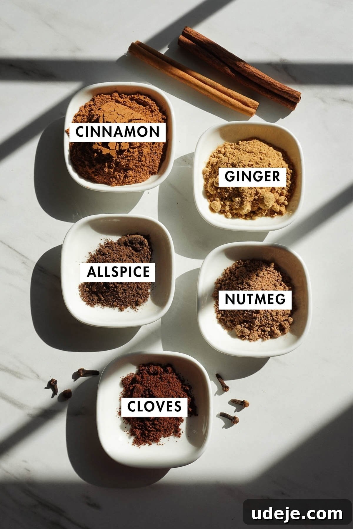Homemade Pumpkin Pie Spice Blend Recipe 5 Spices used to make homemade pumpkin pie spice including cinnamon, nutmeg, ginger, allspice, and cloves.